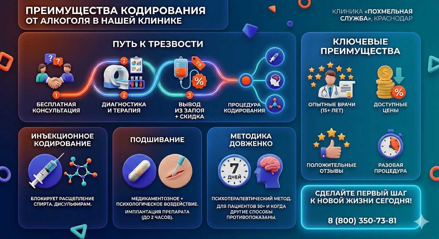 Инфографика о методах кодирования от алкоголя в Ардоне: инъекции, подшивание, метод Довженко. Преимущества клиники и этапы лечения.
